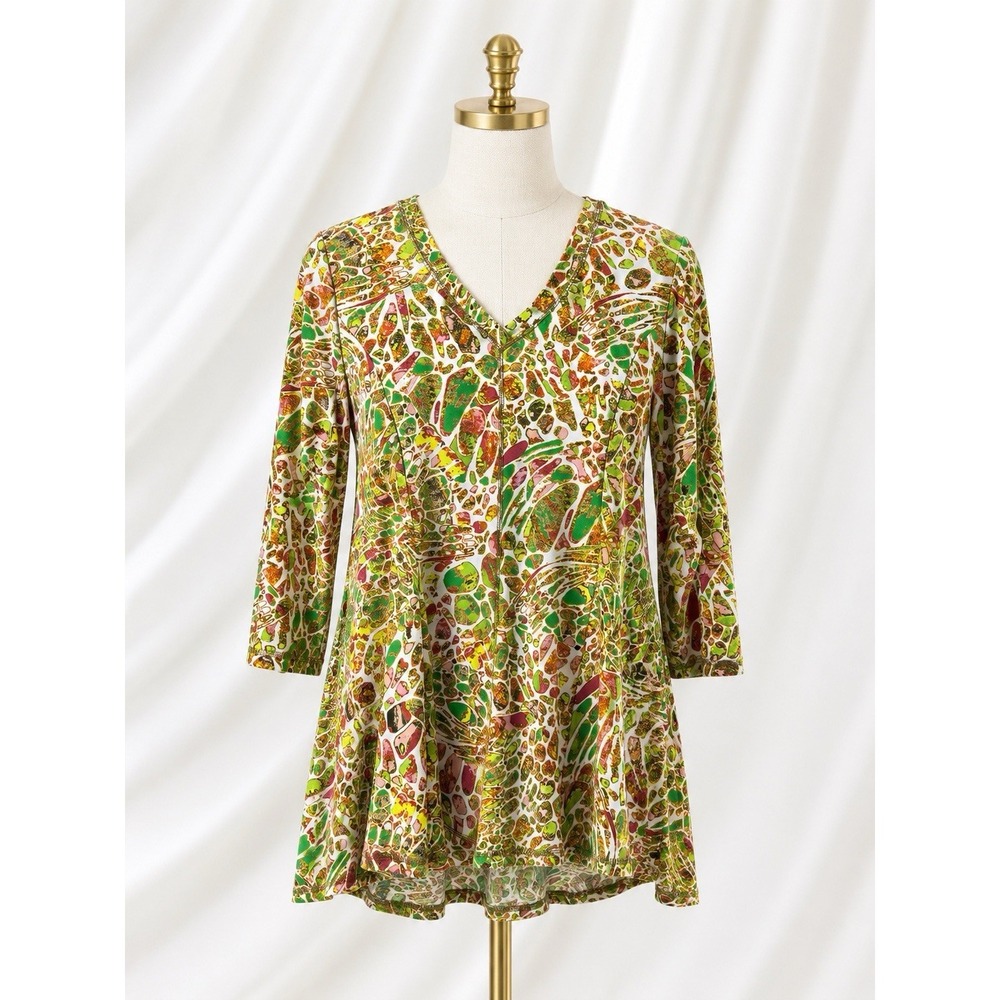 Attitudes by Renee Como Jersey Godet Tunic‎ With Seaming Top Olive Mosaic Size L